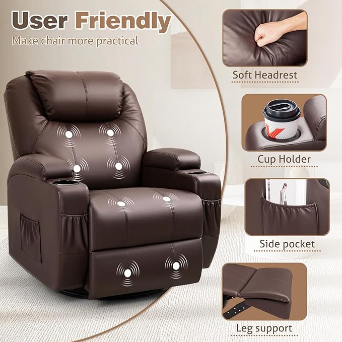 Recliner Chair 360° Swivel Rocker Chair for Adults Rocking Recliner Chair with Massage Comfy Single Sofa with Side Pockets Cup Holders for Living Room Bedroom Nursery (Leather Dark Brown)