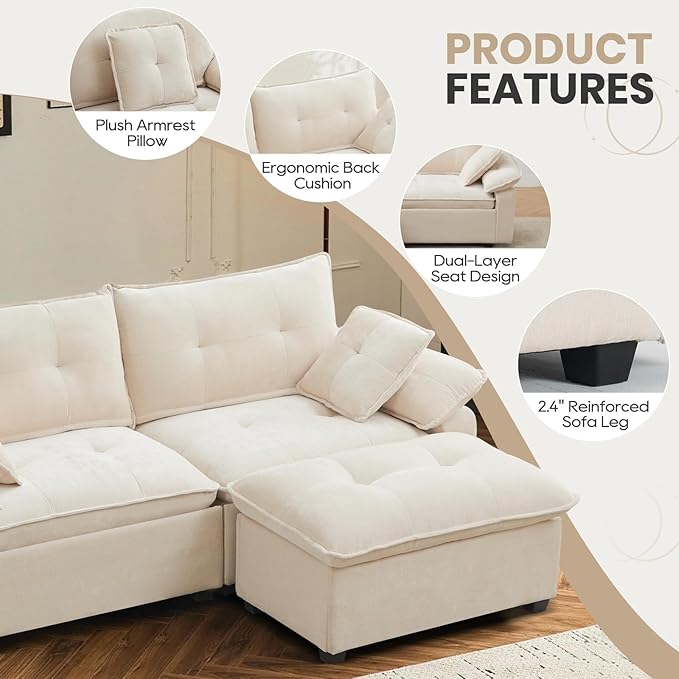 89 L Shaped Sectional Couch Comfy Modular Sectional Cloud Couch with Movable Ottoman 2-Seater Chenille Deep Seat Loveseat with Throw Pillows/USB for Living Room Apartment (Beige)