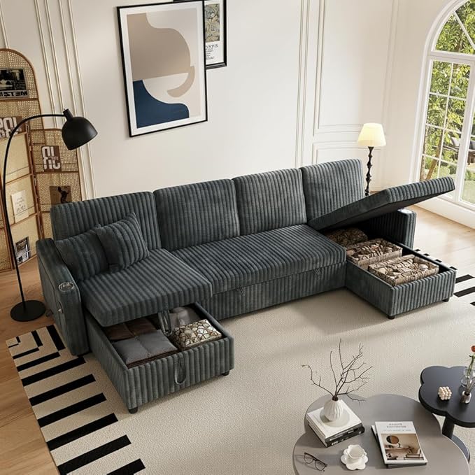 110 Sleeper Sectional Sofa Comfy U Shaped Couch with Pull Out Bed Convertible Corduroy Cloud Sofa with Double Storage Chaise USB Small Desktop Modular Couch for Living Room Dark Grey