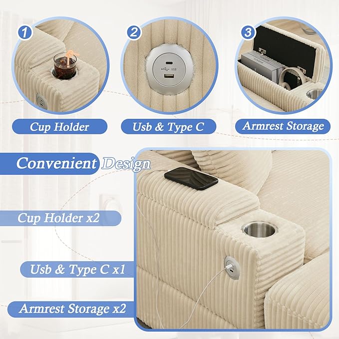 86.6 Sectional Sofa Couch with 2 Ottomans Comfy Corduroy Upholstered Cloud Modular Convertible Couch with Cup Holders and USB Armrest Storage Deep Seat Oversized Loveseat for Living Room Beige