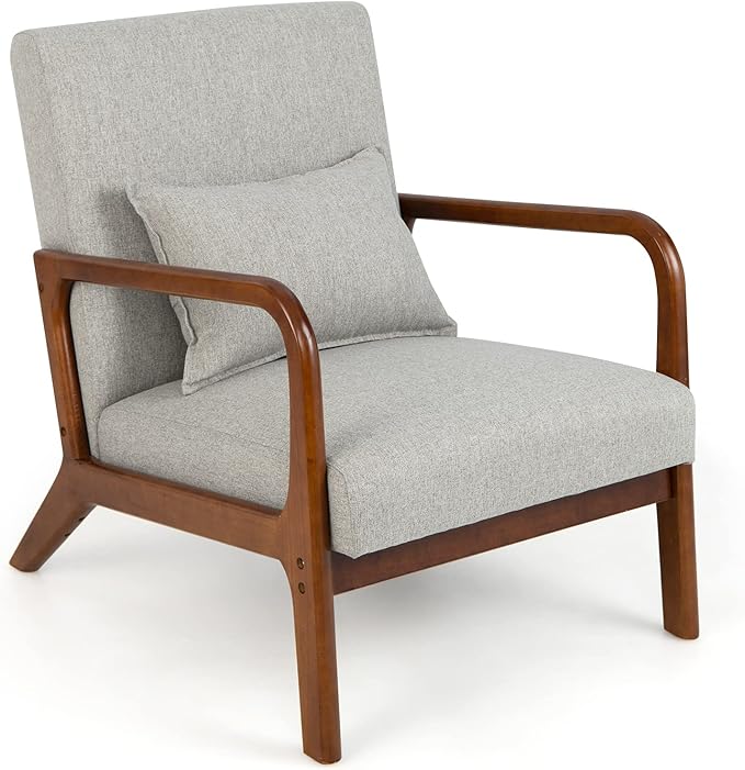 Giantex Modern Accent Chair with Pillow - Comfy Upholstered Lounge Armchair with Anti-Slip Felt Pads Wooden Frame Soft Padded Arm Chairs for Living Room Bedroom Study Grey