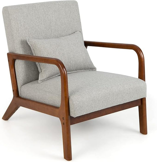 Giantex Modern Accent Chair with Pillow - Comfy Upholstered Lounge Armchair with Anti-Slip Felt Pads Wooden Frame Soft Padded Arm Chairs for Living Room Bedroom Study Grey