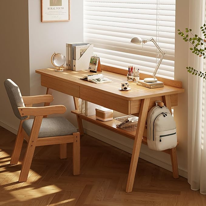 Home Office Writing Desk with Drawers and Storage Shelf Mid-Century Modern Study Desk Wood PC Table Workstation Simple Computer Desk for Working &amp Learning(80x50x82cm(31x20x31inch) Wood)