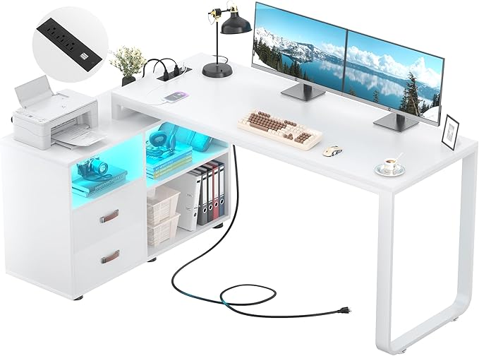 Homieasy L Shaped Desk with File Cabinet &amp Power Outlet Reversible 55 Inch Large Corner Computer Desks with LED Strip L-Shaped Desk with Drawers and Storage Shelves for Home Office White
