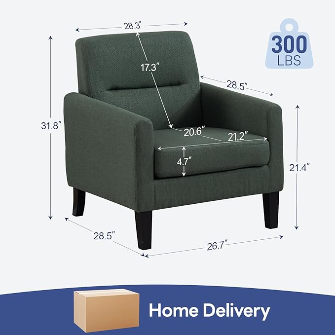 Accent Chair Mid Century Modern Living Room Chairs Comfy Reading Chair with Upholstered Cushion Relax Armchair for Bedroom ApartmentOffice Green