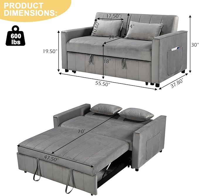 Kiztir Futon Sofa Bed 55.5 Small Loveseat Sleeper Sofa Comfy Velvet Pull Out Couch Bed with 3 Levels Adjustable Backrest and Side Pockets for Living Room Bedroom Apartment Small Spaces (A-Grey) |