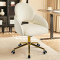 Furniliving Vanity Chair with Wheels Cute Upholstered Office Chair with Hollow-Out Back Height Adjustable Rockable Accent Chair with Gold Metal Base for Bedroom Makeup Room or Living Room (White)