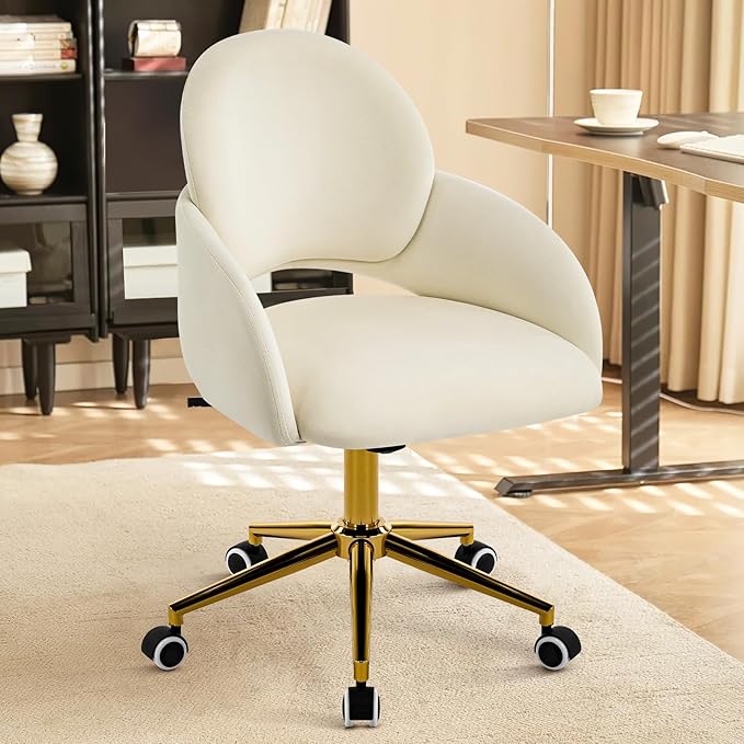 Furniliving Vanity Chair with Wheels Cute Upholstered Office Chair with Hollow-Out Back Height Adjustable Rockable Accent Chair with Gold Metal Base for Bedroom Makeup Room or Living Room (White)