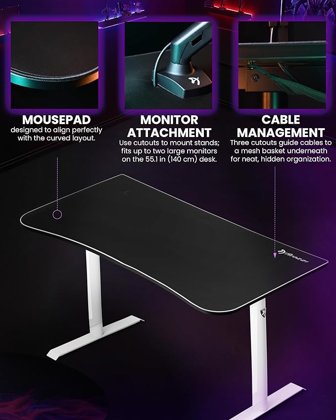 Arozzi Arena Medium Gamer Desk - 55x30” Steel Frame PC Gaming Desk with Storage for Cables &amp Dual-Monitor Support - Full-Surface Washable Mousepad - White