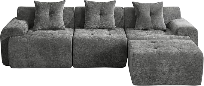 101.65” Modular Sectional Couch for Living Room Modren L-Shape Cloud Sectional 3-Seater Sofa with Movable Ottoman Woven Texture Upholstery Boneless Couch No Assembly Grey