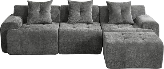 101.65” Modular Sectional Couch for Living Room Modren L-Shape Cloud Sectional 3-Seater Sofa with Movable Ottoman Woven Texture Upholstery Boneless Couch No Assembly Grey
