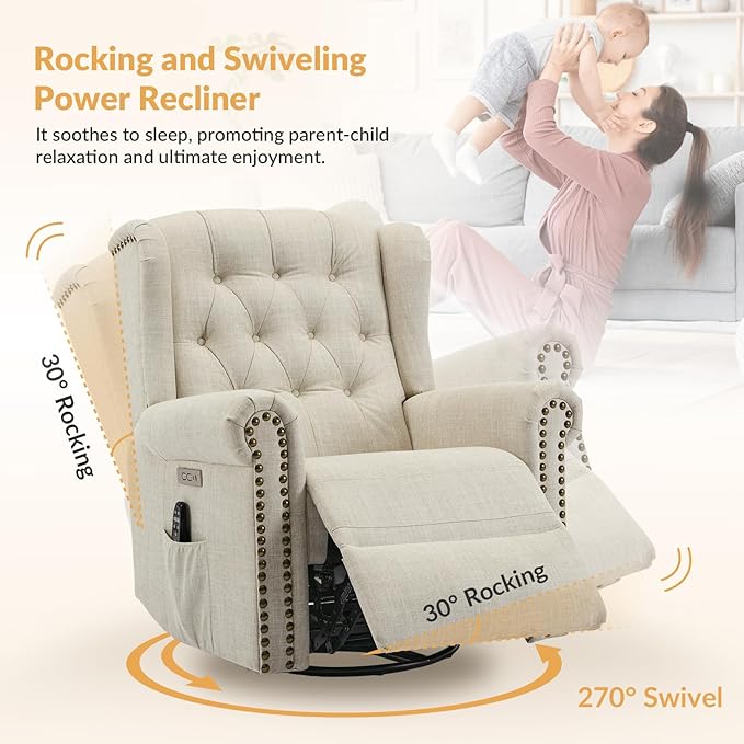 Power Swivel Rocking Glider Recliner Chair Electric Nursery Reclining Sofa Chair with Heat and Massage Wingback Tufted Upholstered Recliner for Living Room USB and Type-C Ports Beige