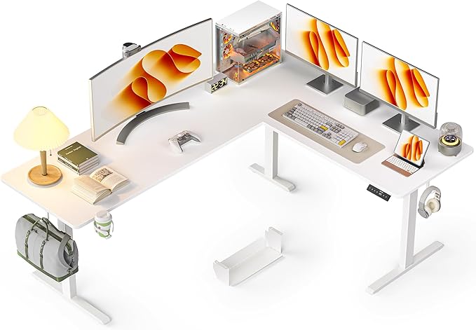 75x61 Inches Reversible L Shaped Standing Desk Height Adjustable with Cup Holder Electric Corner Computer Workstation for Home Office Ergonomic Sit Stand up Gaming Desk White