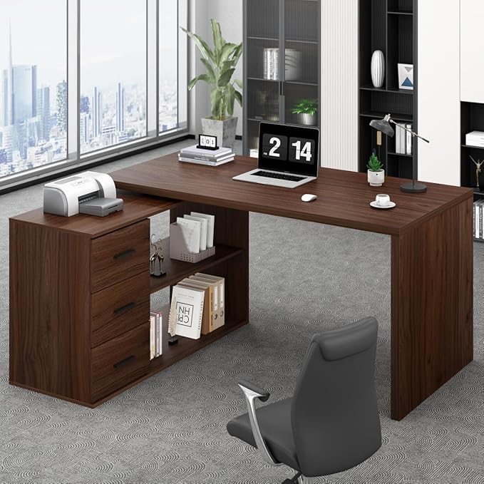 HSH Walnut Home Office Desk L Shaped with Drawers Reversible Wood Computer Desk Table for Executive Work Writing Study Gaming Rustic Corner L Desk with Storage Cabinet Shelves for Bedroom 55 Inch