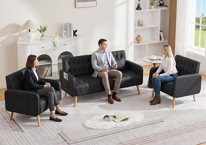 Black Leather Loveseat and Accent Chair Set of 2 Small Couch w/USB Charging &amp Pockets Mid Century Modern Tufted Love Seat and Chair Set Mini Office Sofa for Living Room Apartment