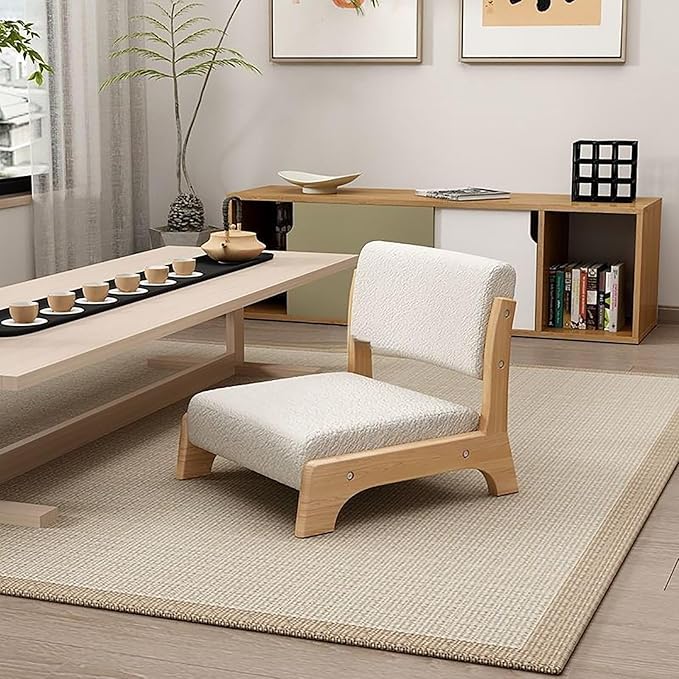 Japanese Floor Chair with Back SupportLow-Back Meditation Floor Seat with Soft CushionPortable Wood Armless Tatami Chair Meditation Living Room Bedroom Bay WindowReading