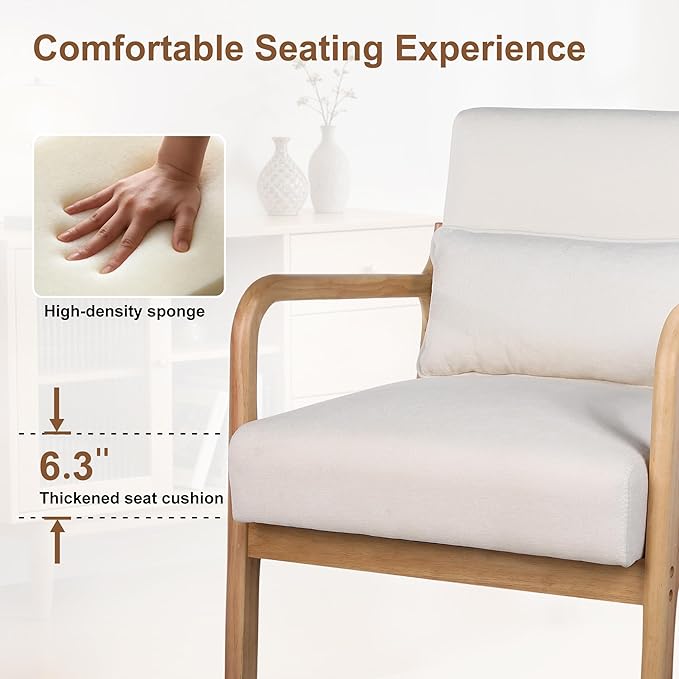 Mid Century Accent Chair Comfy Arm Chair with Solid Wood Frame Upholstered Modern Chair for Living Room Bedroom Waiting Room Beige