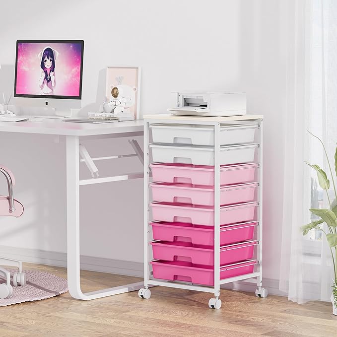 Rolling Cart with DrawersStorage Cart with 8 Drawers and Wooden TabletopUtility Cart for Living RoomClassroom BedroomBathroomDormOfficeRose Pink