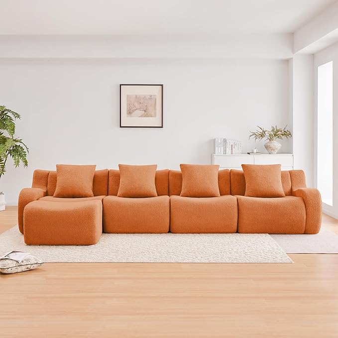 Orange L-Shaped Cloud Couch with 1 Ottoman Modern Teddy Fabric Boneless Sectional Sofa in a Box Modular Floor Sofa for Living Room Deep Seat No Assembly Required Sofas para Sala