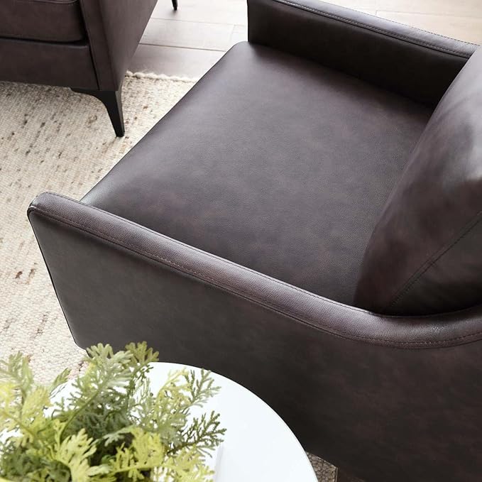 Pemberly Row Modern Leather and Metal Armchair 33.5 in H x 28 in W x 32 in D Brown Finish Upholstered Accent Chair with Spring Coil Support Mid-Century Style for Living Room or Home Office Use