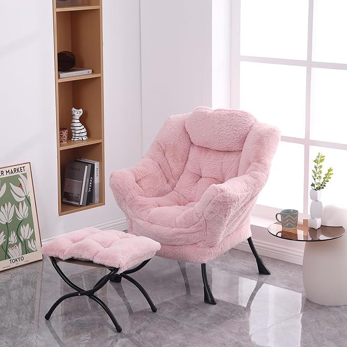 Lazy Chair with Folding Ottoman Modern Accent Lounge Armchair with Armrests and a Side Pocket &amp Foldable Footstool Leisure Reading Chair for Living Room Bedroom Dorm &amp Office Plush Pink