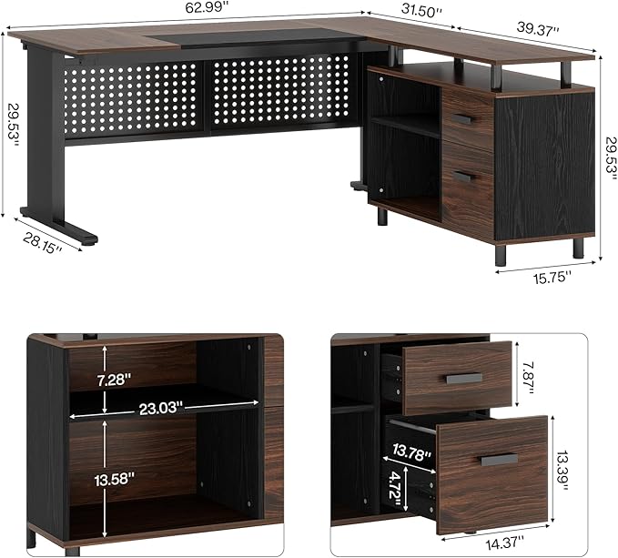 Tribesigns 63 Inch Executive Desk with File Cabinet Large Office Desk L Shaped Computer Desk with Drawers and Storage Shelves Business Furniture Desk for Home Office Dark Walnut and Black