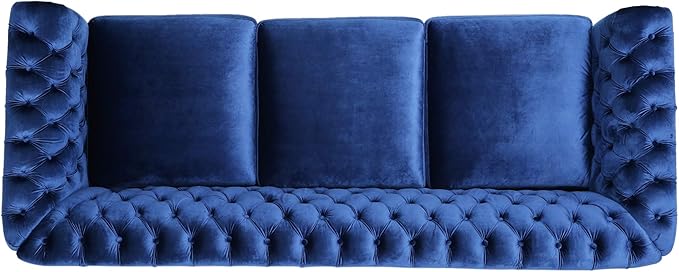 Great Deal Furniture GDFStudio Chesterfield Tufted Jewel Toned Velvet Sofa with Scroll Arms Navy Blue