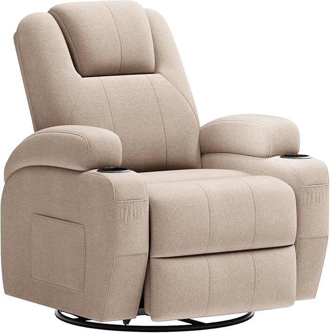 Flamaker Swivel Rocker Recliner Chair with Vibration Massage 360° Swivel Recliner Chairs for Adults Ergonomic Lounge Chair with Cup Holders Lazy Boy Recliner Single Sofa Seat (Fabric Khaki)