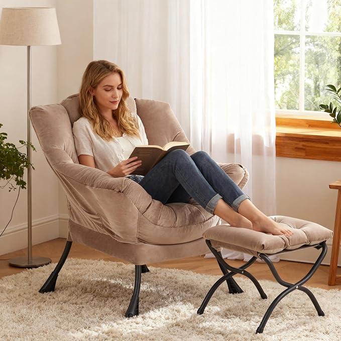 Lazy Chair with Ottoman Modern Accent Chair Contemporary Sofa Chair with Armrests Reading Chair and Folding Footstool Set for Living Room Bedroom Office Khaki