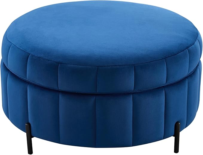 Navy Round Ottoman with StorageReversible Lid Upholstered Ottoman Coffee Table 31.5Circle Foot Stool for Living RoomBedroom