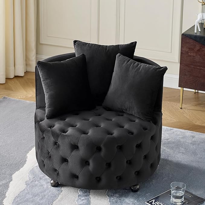 GNIXUU Swivel Barrel Accent Chair 30” Modern Velvet Round Swivel Chair with 3 Pillows and Wheels Comfy Tufted Single Club Sofa Lounge Chair for Living Room Bedroom(Black).