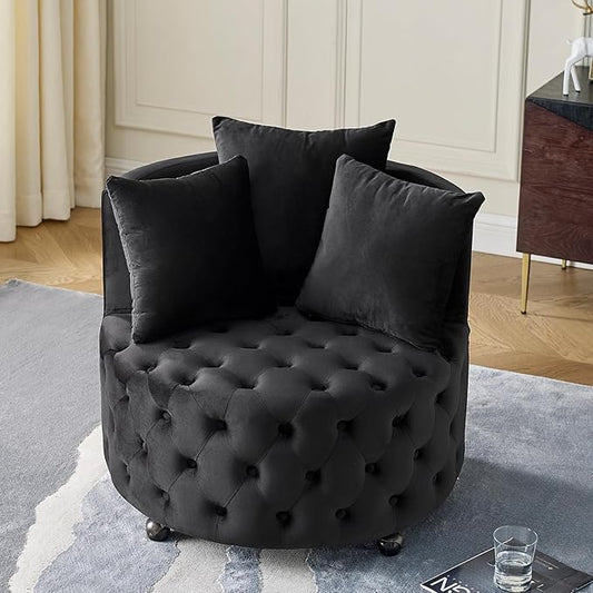 GNIXUU Swivel Barrel Accent Chair 30” Modern Velvet Round Swivel Chair with 3 Pillows and Wheels Comfy Tufted Single Club Sofa Lounge Chair for Living Room Bedroom(Black).