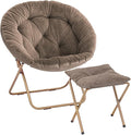 Magshion Folding Saucer Chair for Adults with Ottoman Circle Reading Chair for Bedroom Living Room &amp Dorm Furry Comfy Accent Seat with Metal Leg &amp Thick Padded for Small Spaces (Beige 1 Pa