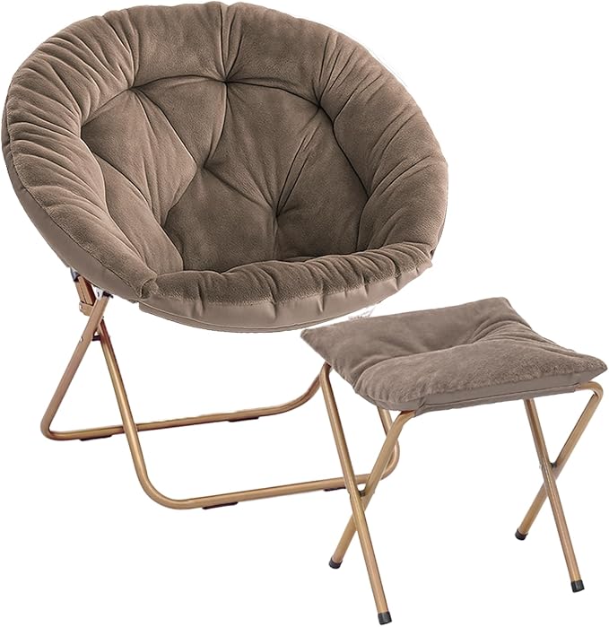 Magshion Folding Saucer Chair for Adults with Ottoman Circle Reading Chair for Bedroom Living Room &amp Dorm Furry Comfy Accent Seat with Metal Leg &amp Thick Padded for Small Spaces (Beige 1 Pa