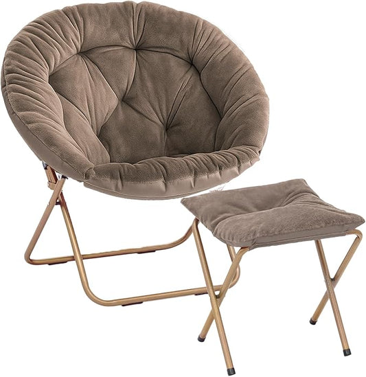 Magshion Folding Saucer Chair for Adults with Ottoman Circle Reading Chair for Bedroom Living Room &amp Dorm Furry Comfy Accent Seat with Metal Leg &amp Thick Padded for Small Spaces (Beige 1 Pa
