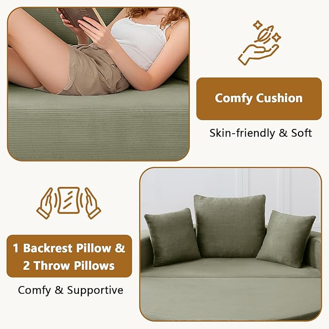 67'' Circular Convertible Compressed Sofa Bed Green Corduroy Floor Lounge Round Boneless Couch Loveseat Sleeper Sofa Couch with 3 Cushions No Assembly for Apartment Bedroom