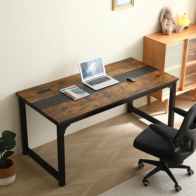 Large Computer Desk - 63 Inch Home Office Desks Study Student Writing Table Gaming Desk Wood Modern Simple Table with USB Ports Rustic + Black