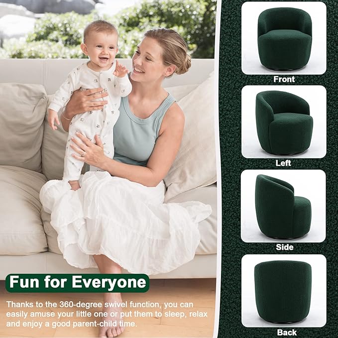 Antetek 2 Units Swivel Chair Round Accent Sofa Chair Club 360 Degree Swivel Barrel Chair Modern Teddy Farbic Leisure Arm Chair for Nursery Living Room Hotel Bedroom Office Lounge Green
