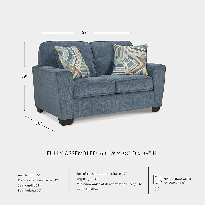 Signature Design by Ashley Cashton Contemporary Loveseat Exposed Feed With Faux Wood Finish Accent Pillows Fabric Upholstery 63 W x 38 D x 39 H Blue