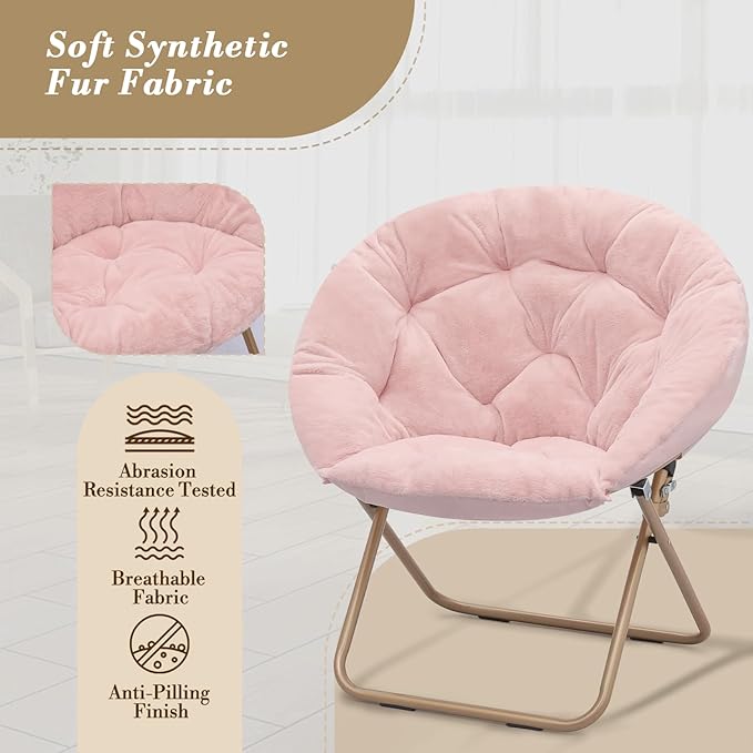 Athena Collection Round Saucer Chair with Ottoman Set for Adults Oversize Comfy Cozy Faux Fur Folding Reading Chair with Metal Leg Lazy Relaxing for Living Room Bedroom Dorm Apartment Pink