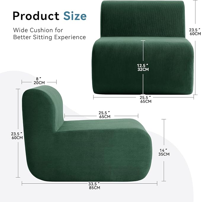 Small Boneless Chair for Living RoomSingle Floor ChairCorduroy Fireside Bean Bag ChairsMemory Foam Lounge Sofa Chairs for Bedroom Couch in a BoxDeep Green