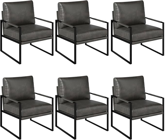 CANMOV Mid Century Modern Accent Chair Set of 6 Breathable PU Leather Armchair with Removable Cushion Comfy Living Room Chairs with Sturdy Metal FrameThicker Backrest for Living RoomDark Grey