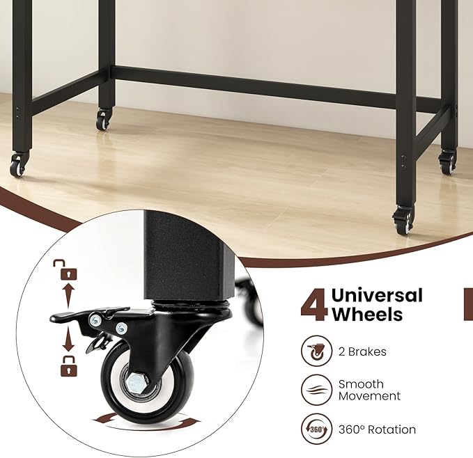 COSTWAY 48” Mobile Computer Desk Home Office Desk on Wheels Simple Study Writing Table with 4 Lockable Wheels Metal Frame Rolling Laptop PC Table for Small Space (Natural)