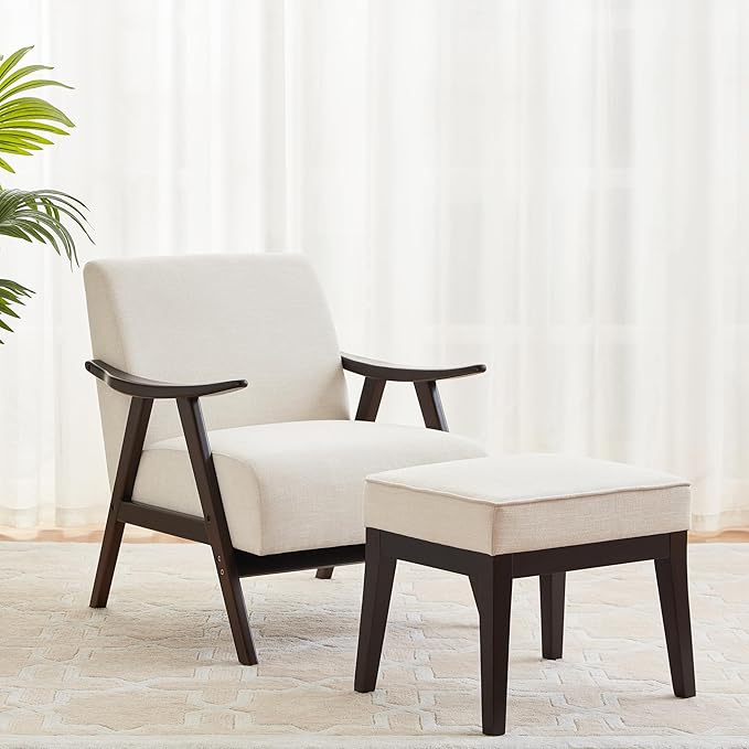 Accent Chair with Ottoman Upholstered Mid Century Chair and Footrest Solid Wood Arm Chair Living Room Chairs and Ottoman Set Beige RF412