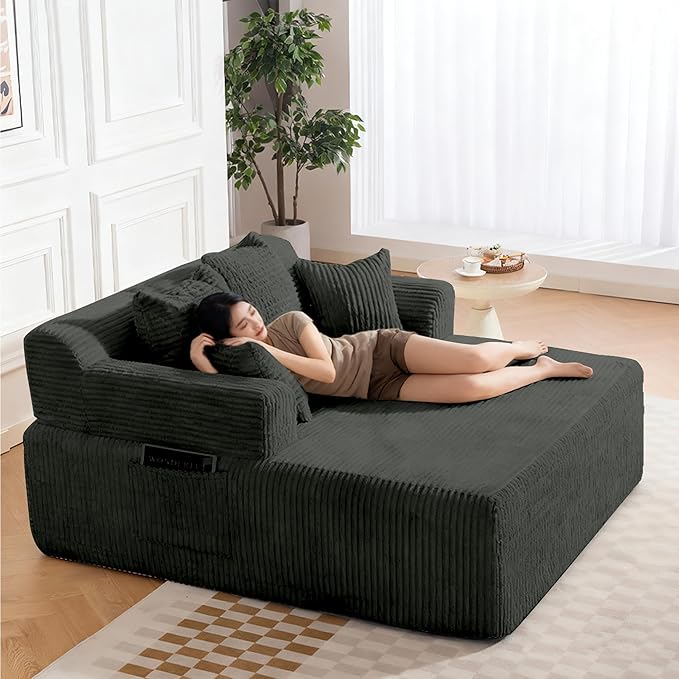 58 Inch Chaise Lounge Chair Indoor Corduroy Boneless Sofa Bed Deep Seat Sleeper Couch Reading Chairs Upholstered Comfy Cloud Sofas Couches for Living Room No Assembly Required Grey