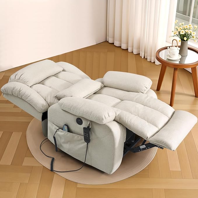 Infinite Position Lay Flat Lift Recliner Chair for Adults Dual Motor Power Lift Chair for Elderly with Massage &amp Heating USB Ports Remote Control &amp Lumbar Pillow Linen Fabric (Ivory)