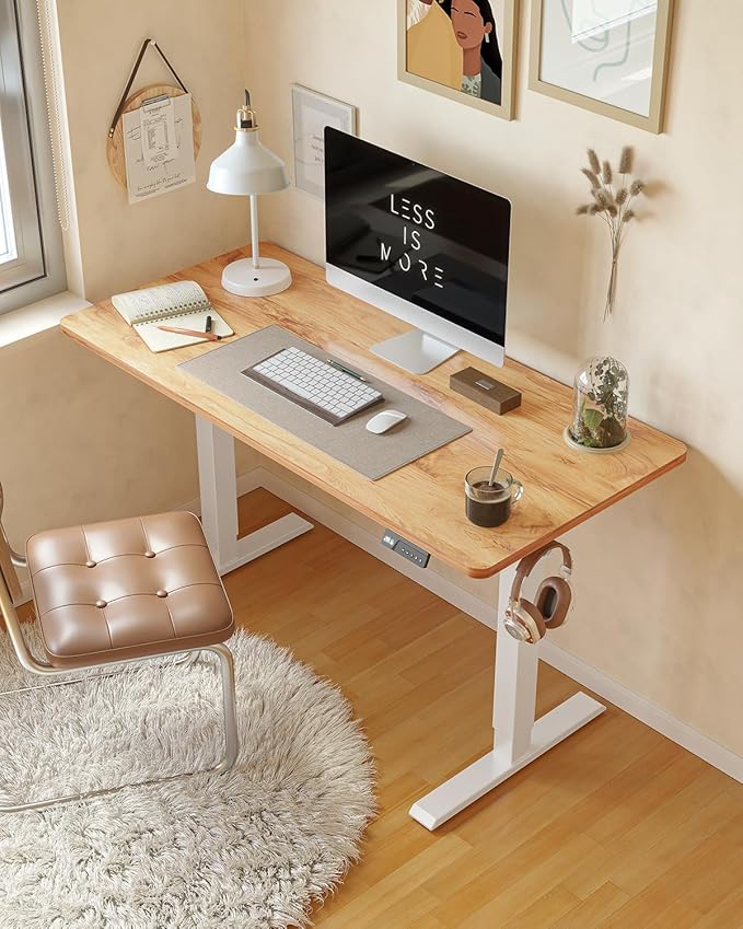 FEZIBO Standing Desk 55×28 Inches Electric Height Adjustable Sit Stand Up Computer Office Desk with Splice Board White Frame/Light Rustic TOP