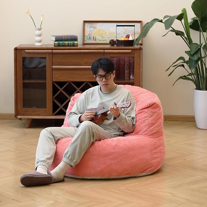 N&ampV Large Crescent Bean Bag Chair Adult Size Bean Bag Sack Foam Filling Soft Premium Corduroy Bean Bag for Living Room Bedroom Dorm and Office (Salmon)