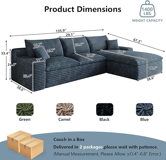 107 Cloud Sectional Couch L-Shaped Chaise Corduroy Boneless Couch for Living Room Bedroom Deep-Seat Upholstered Modular Cloud Sofa No Assembly Required (Blue Right Facing Chaise)
