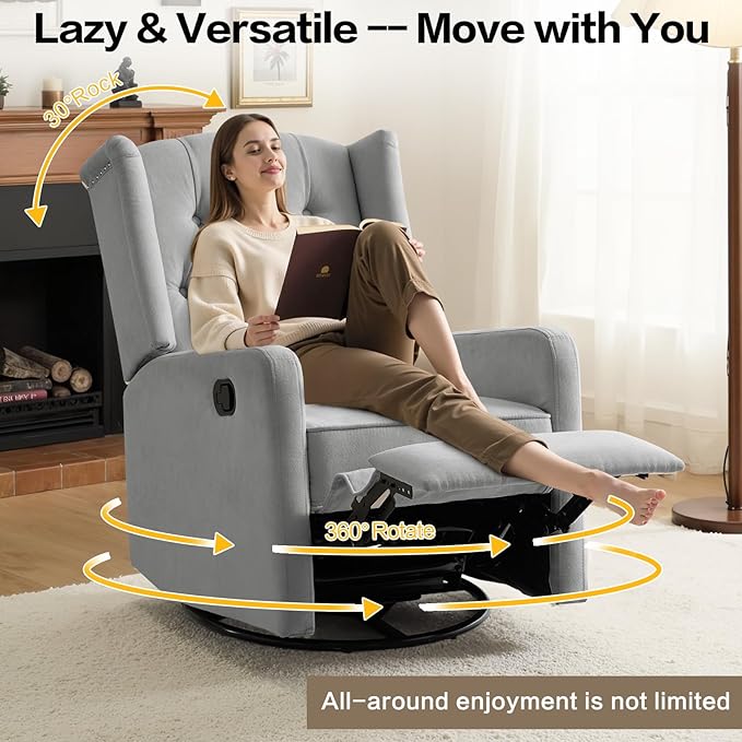 ABAKAN Swivel Rocker Recliner Chair 360 Degree Nursery Rocking Recliner Linen Glider Chair with Button Tufted Wingback Chair for Living Room Bedroom Gray